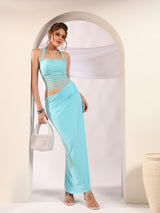 Aqua Blue Sheer Mesh Maxi Dress