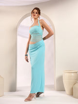 Aqua Blue Sheer Mesh Maxi Dress