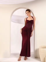 Wine Halter Neck Ruched Maxi Dress