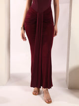 Wine Halter Neck Ruched Maxi Dress