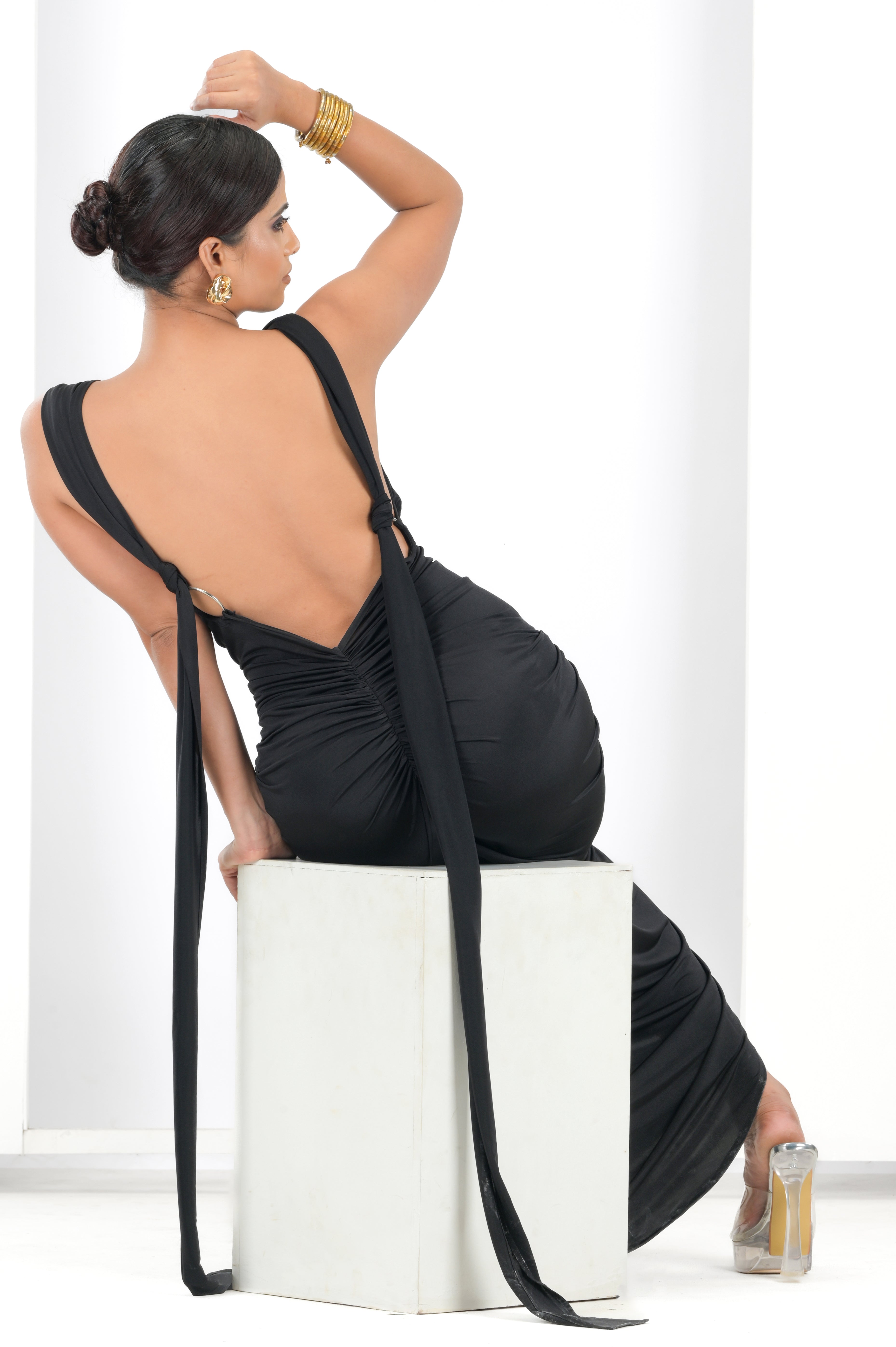 Black Lace up multiple tie backless dress