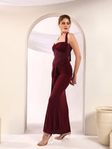 Wine Halter Neck Ruched Maxi Dress