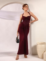 Wine Halter Neck Ruched Maxi Dress