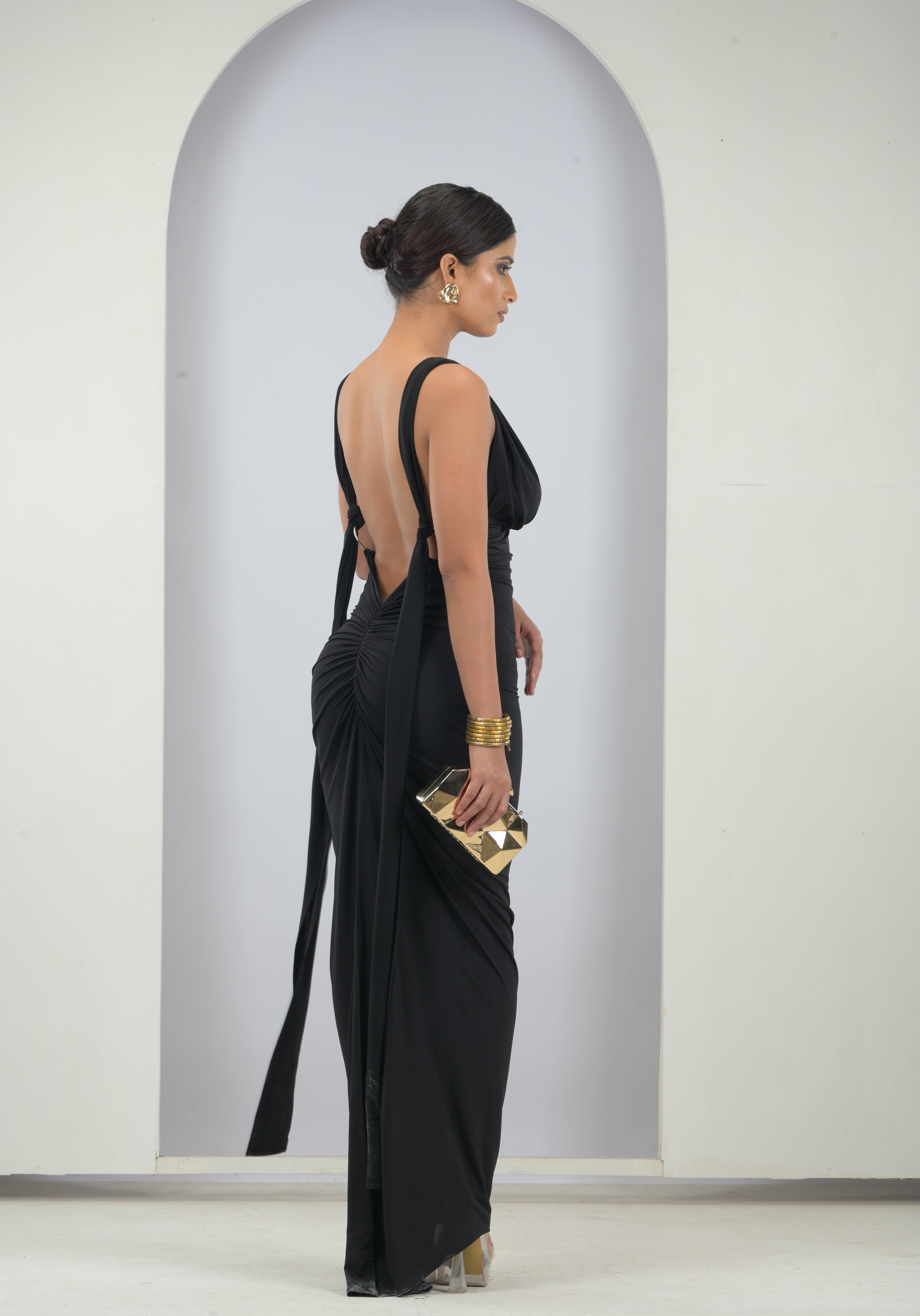 Black Lace up multiple tie backless dress