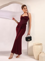 Wine Halter Neck Ruched Maxi Dress