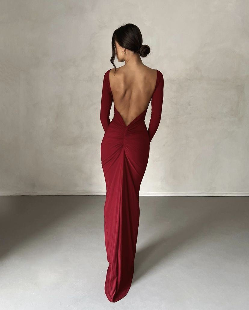 Burgundy Red full sleeves backless dress