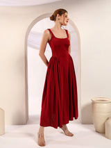 Wine Red Square Neck A-Line Maxi Dress