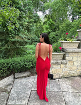 One shoulder backless draped dress(Red)