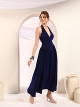 Solid Halter Deep V Neck Midi Dress