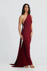 Burgundy One Shoulder Backless Gown