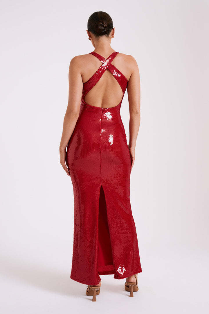 Red Sequin Flower Maxi dress