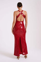 Red Sequin Flower Maxi dress