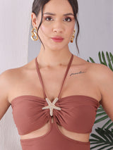 Brown Cut-Out Bodysuit & Ruched Mesh Skirt Set