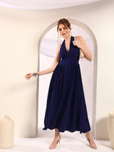 Solid Halter Deep V Neck Midi Dress