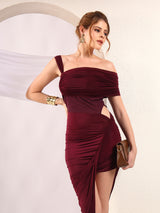 Wine Off-Shoulder Draped Trail Gown