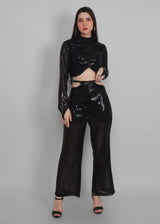 Black sequins cut out waist Pants