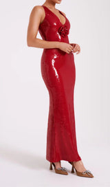 Red Sequin Flower Maxi dress