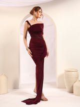 Wine Off-Shoulder Draped Trail Gown