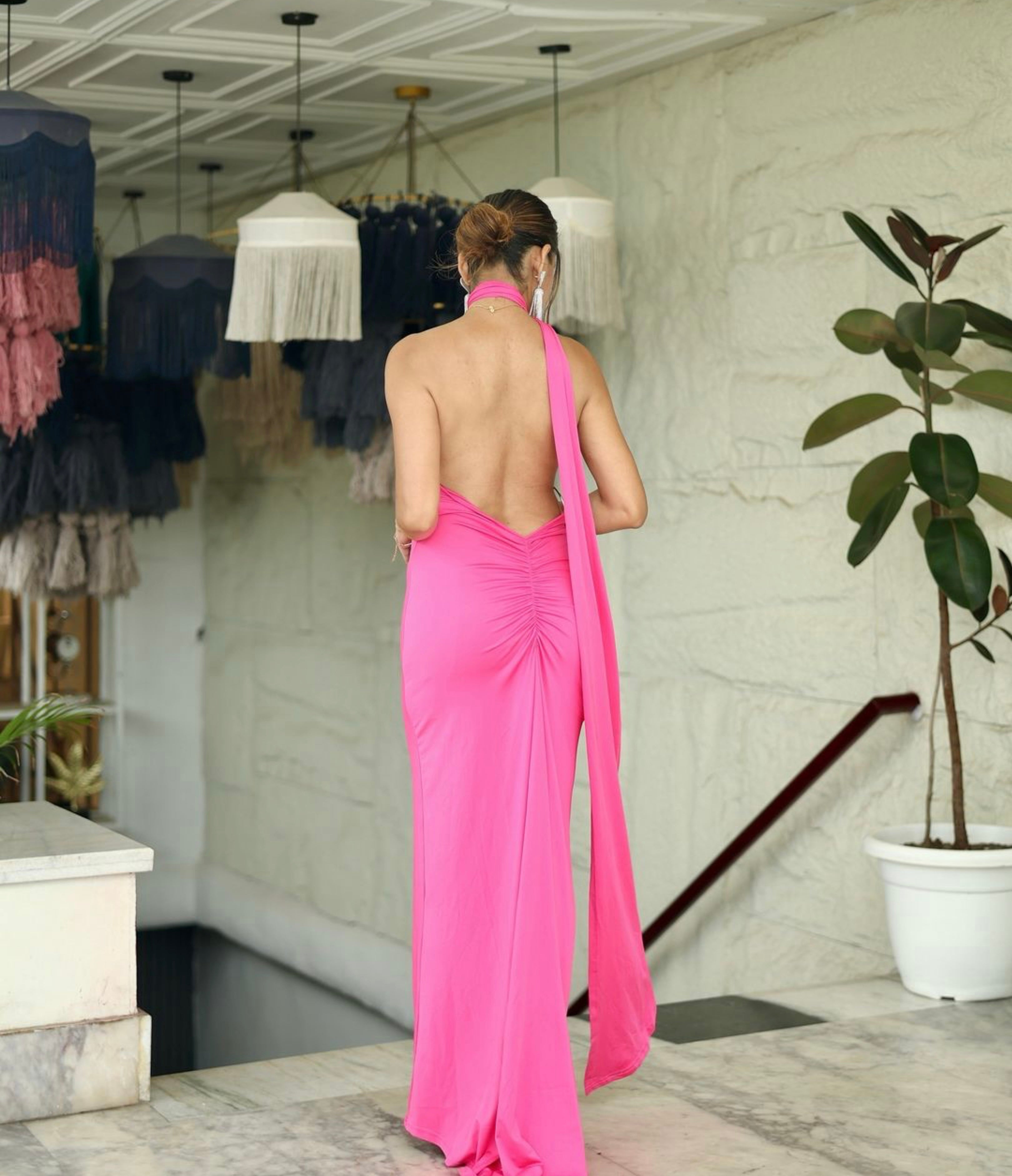 Pink One Shoulder Backless Gown