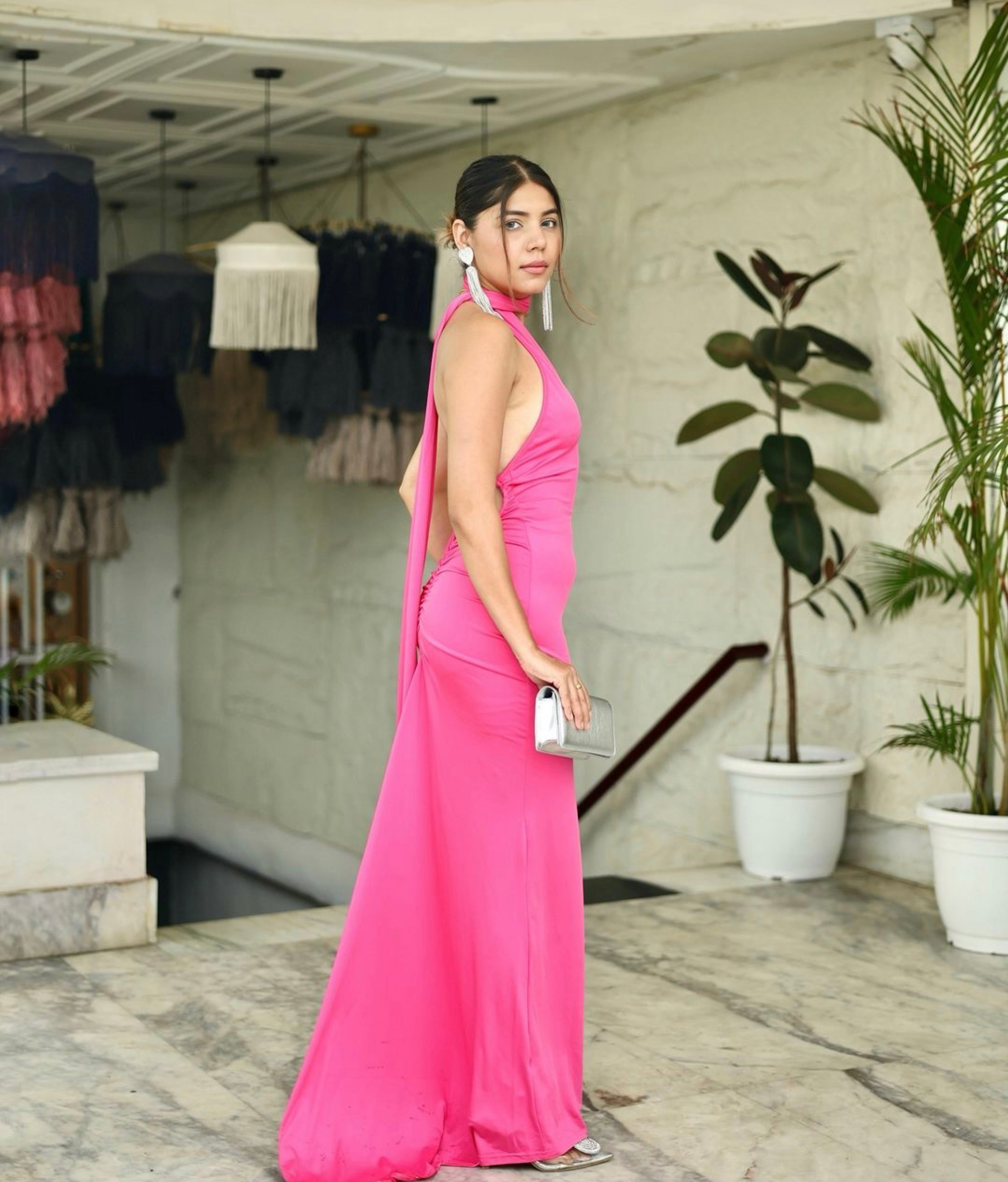 Pink One Shoulder Backless Gown