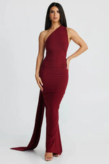 Red wine one shoulder backless dress