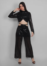 Black sequins cut out waist Pants