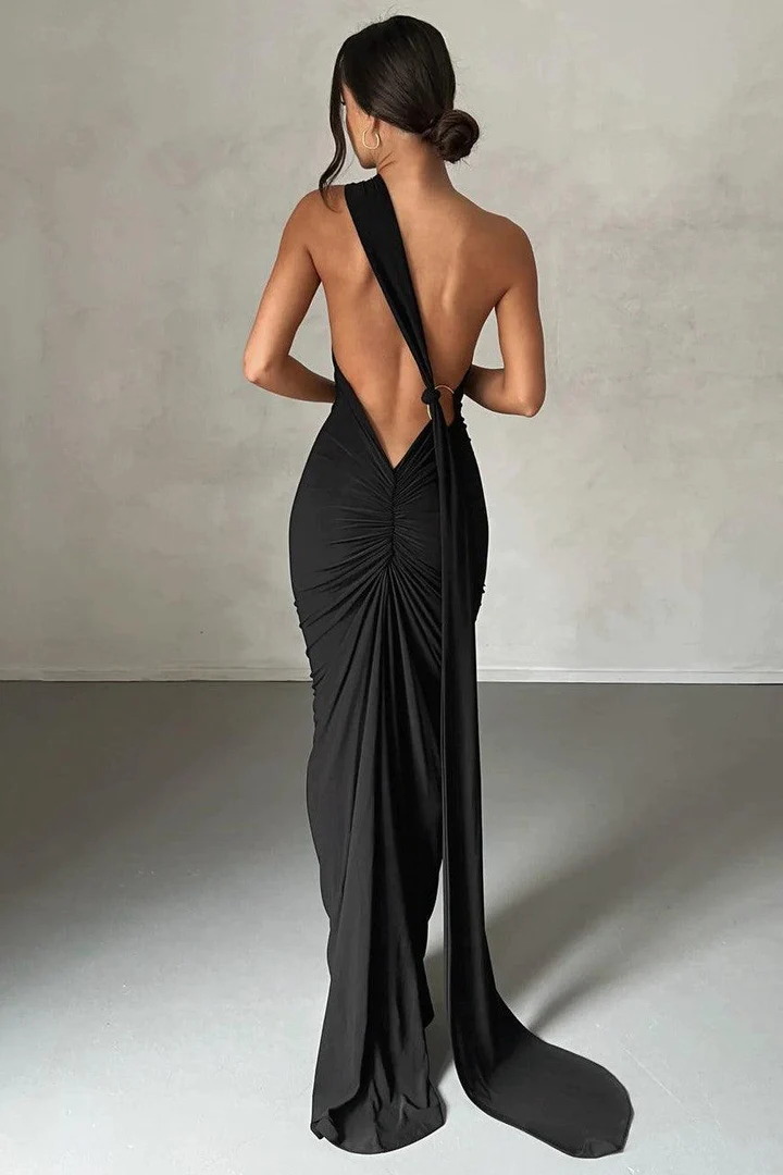 Black One Shoulder Backless Gown