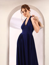 Solid Halter Deep V Neck Midi Dress