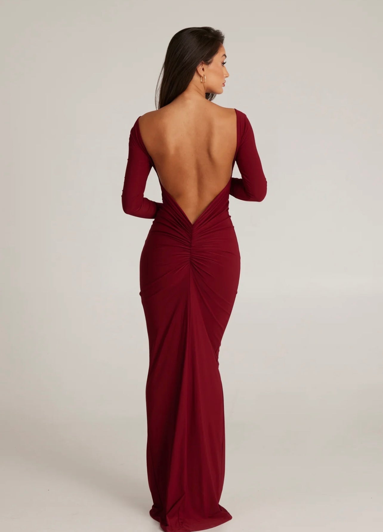 Burgundy Red full sleeves backless dress