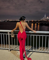 Red One Shoulder Backless Gown