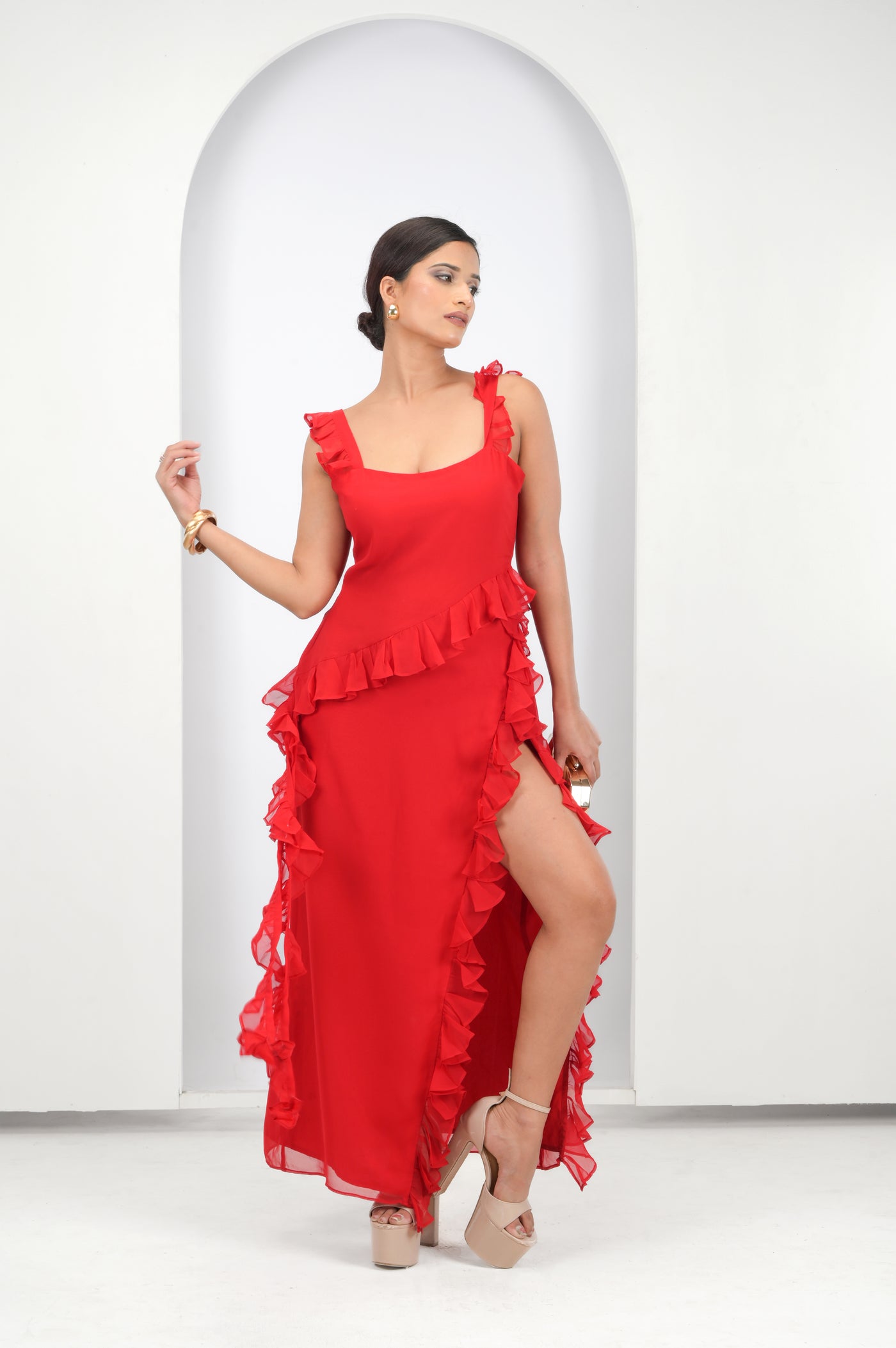 Red ruffle dress — premium party wear dress by Label Shalini