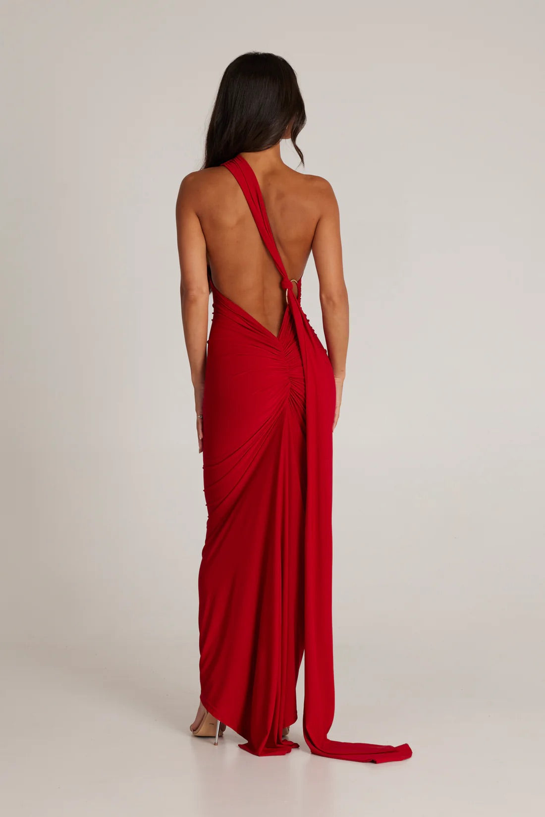 Red One Shoulder Backless Gown