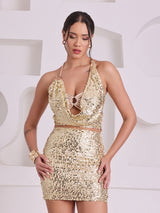 Gold Sequin Halter Neck Co-Ord Set