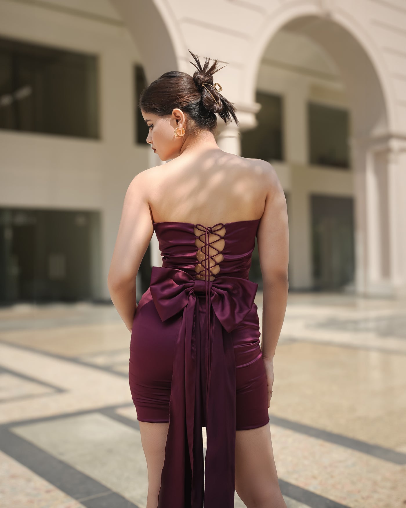 Wine charm bow back — premium party wear dress by Label Shalini