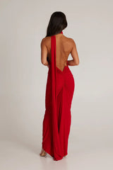 Red One Shoulder Backless Gown