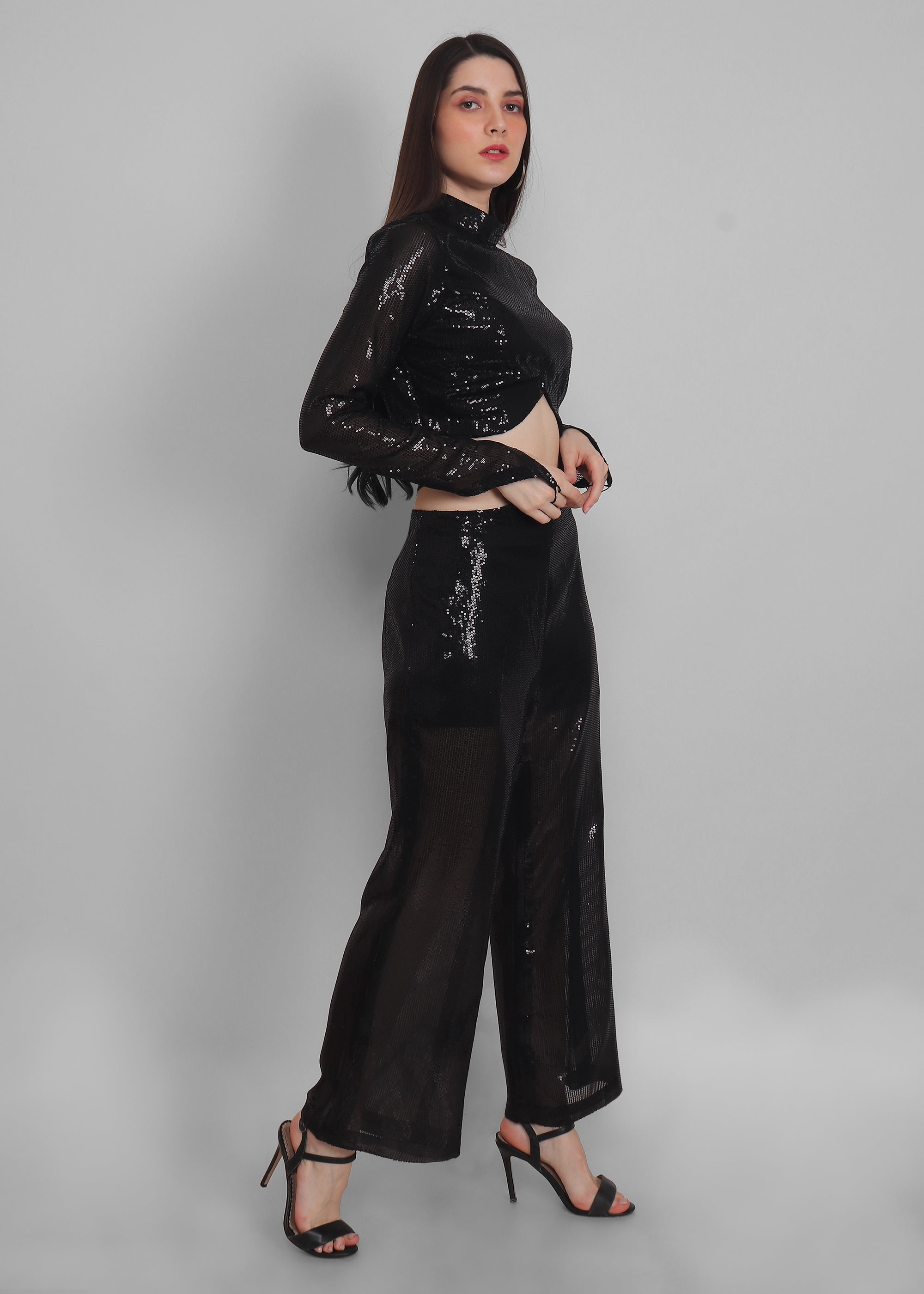 Black sequins cut out waist Pants