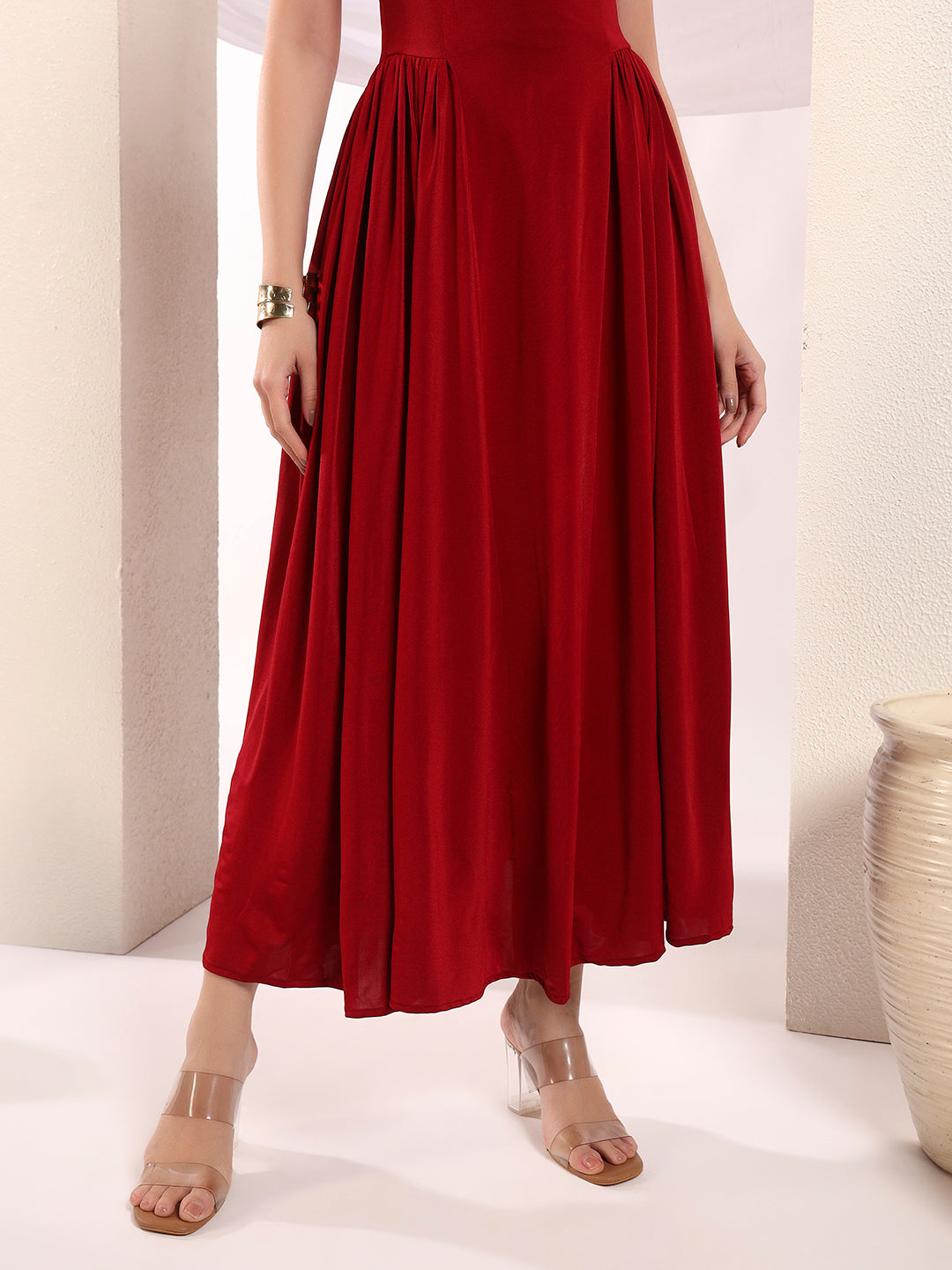 Wine Red Square Neck A-Line Maxi Dress