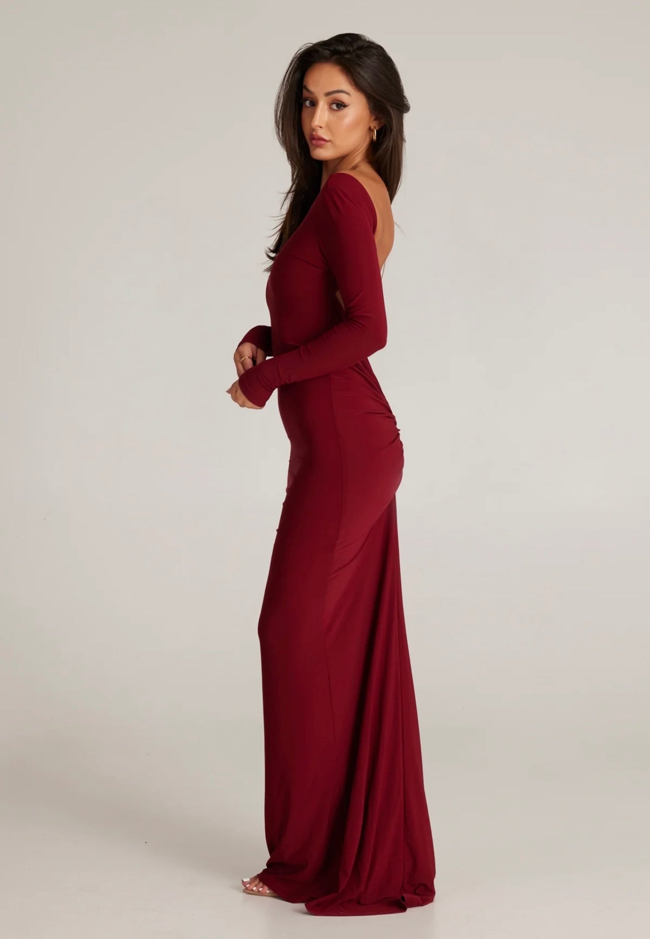 Burgundy Red full sleeves backless dress