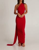 Red One Shoulder Backless Gown