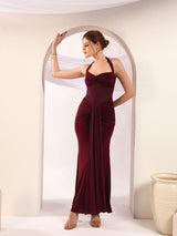 Wine Halter Neck Ruched Maxi Dress
