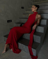 Red One Shoulder Backless Gown