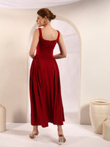 Wine Red Square Neck A-Line Maxi Dress