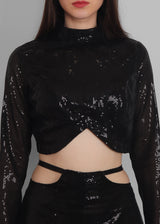 Black sequins cut out waist Pants