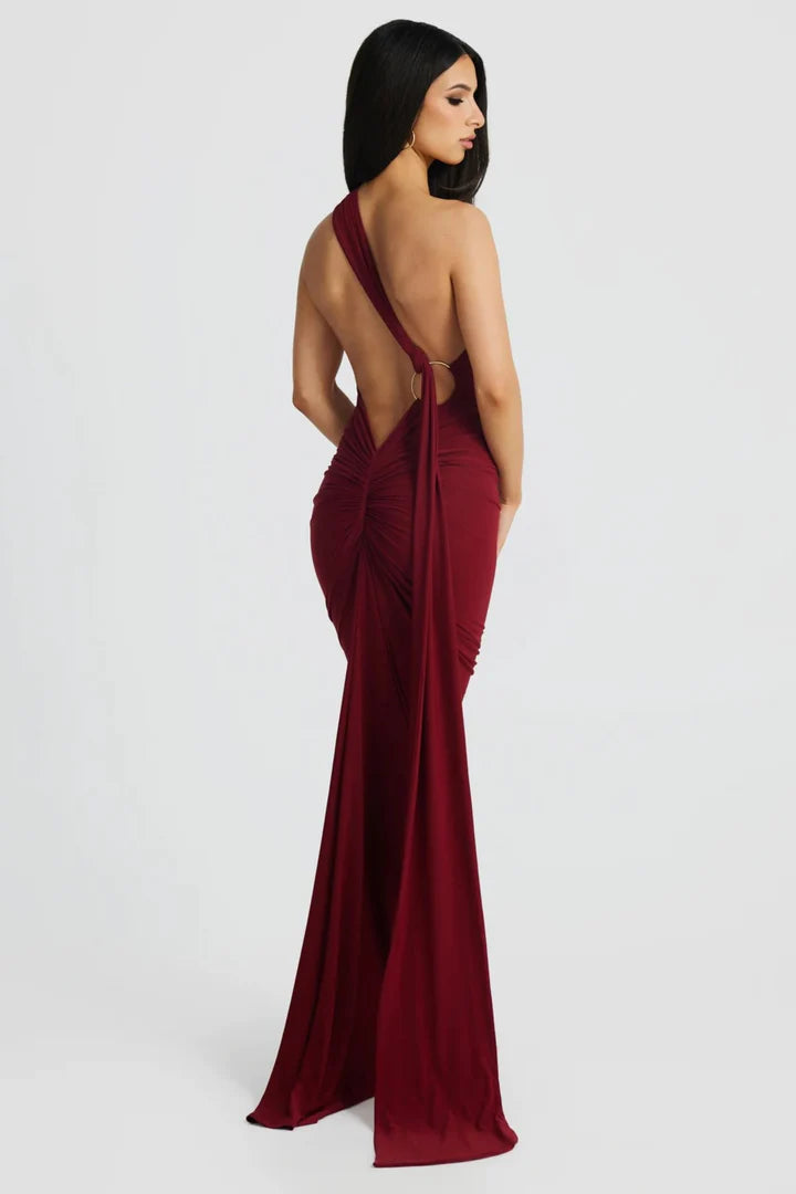 Burgundy One Shoulder Backless Gown