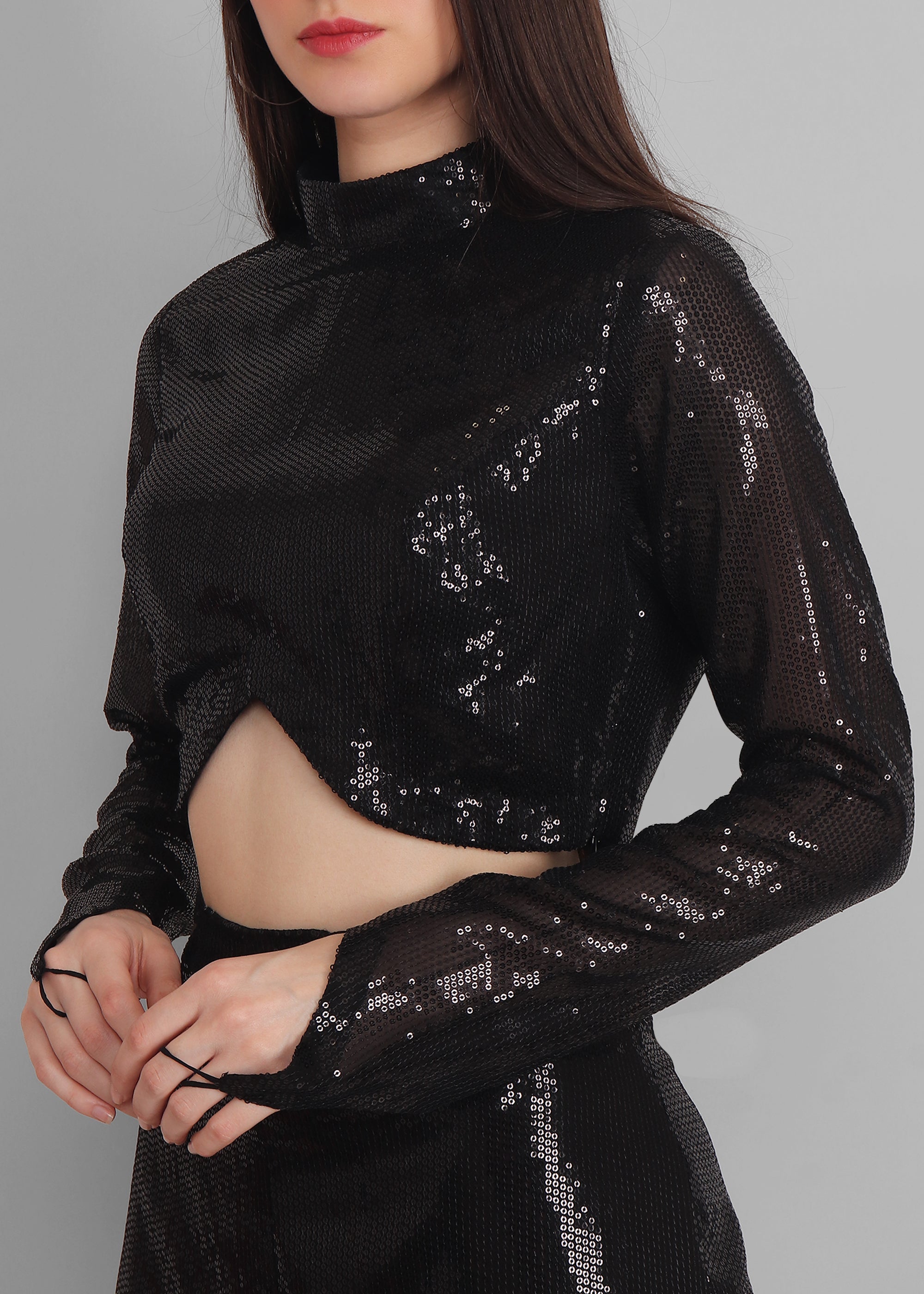 Black sequins cut out waist Pants