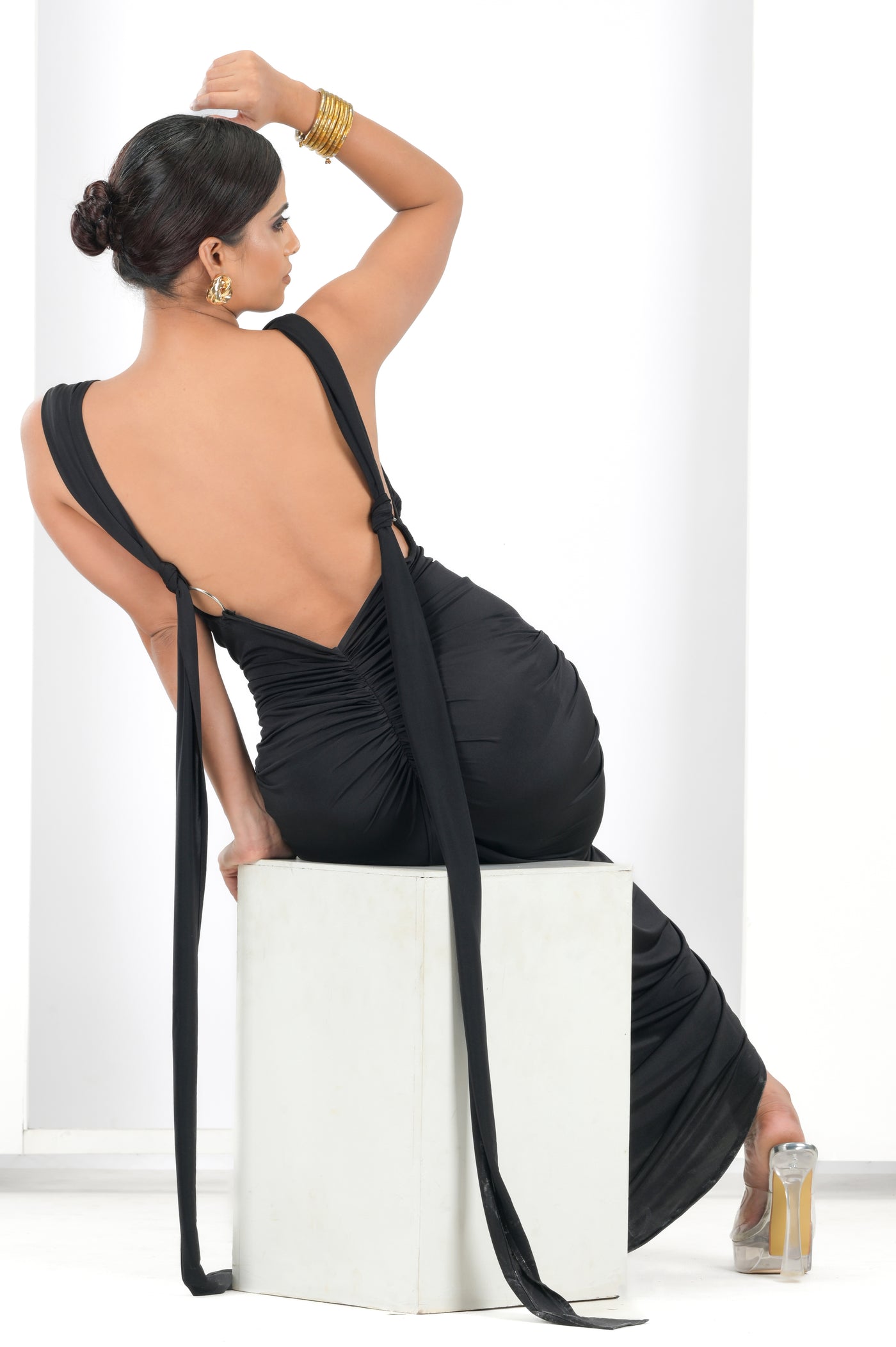 Black Lace up multiple tie backless dress — premium backless dress by Label Shalini