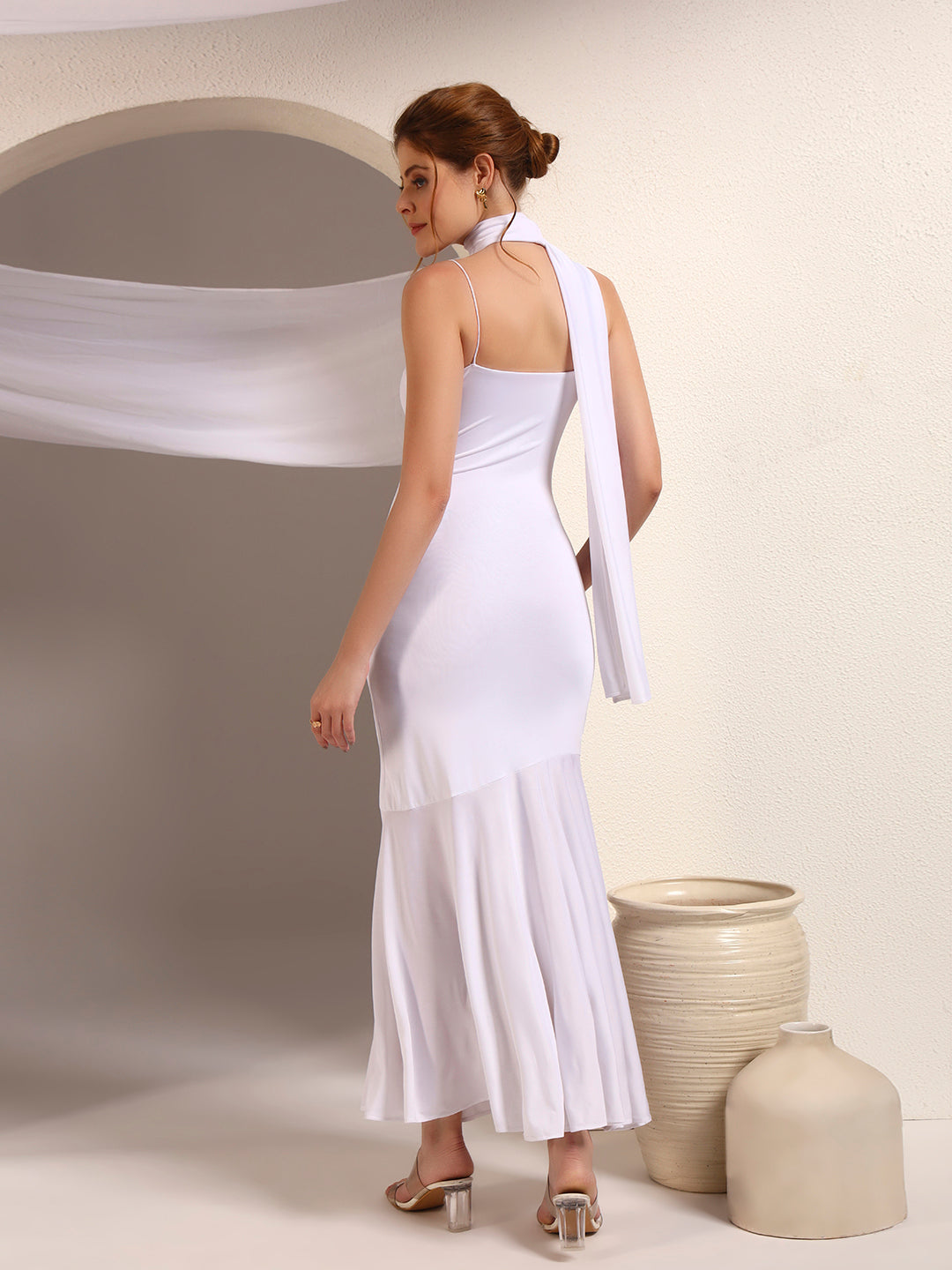 White Spaghetti Strap Maxi Dress with Scarf
