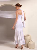 White Spaghetti Strap Maxi Dress with Scarf