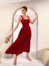 Wine Red Square Neck A-Line Maxi Dress