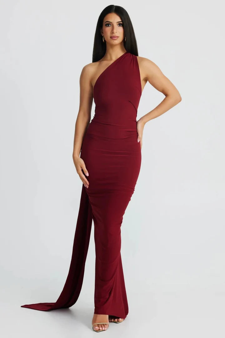 Burgundy One Shoulder Backless Gown — premium evening gown by Label Shalini